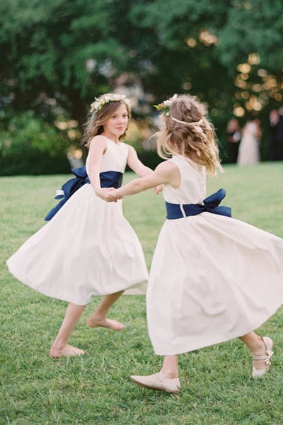 A line White Flower Girl Dress with Navy Blue Ribbon jkprom