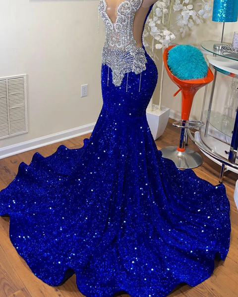 Mermaid Style Royal Blue Long Prom Dresses,luxury Sparkly Crystals Dia 