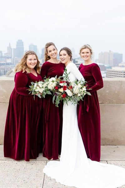 Modest Burgundy Bridesmaid Dresses with Long Sleeves jkprom