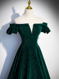 Green Off Shoulder A-line Formal Dress,Long Party Dresses