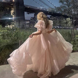 Pink A-Line Organza Long Prom Dress Engagement Dress with Puff Sleeves