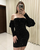 Sparkly Black Sequin Sheath Cocktail Dress,Short Party Gown With Sleeves