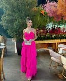 Hot Pink V Neck A-Line Tulle Tiered Formal Long Party Dress