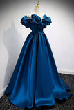 Classy A-Line Dark Blue Off-the-Shoulder Satin Prom Gown Formal Dresses