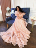 Pink A-Line Organza Long Prom Dress Engagement Dress with Puff Sleeves