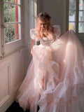 Pink A-Line Organza Long Prom Dress Engagement Dress with Puff Sleeves