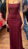 Burgundy Glitter Prom Dress Long Formal Dresses with Slit