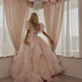 Pink A-Line Organza Long Prom Dress Engagement Dress with Puff Sleeves