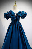 Classy A-Line Dark Blue Off-the-Shoulder Satin Prom Gown Formal Dresses