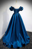 Classy A-Line Dark Blue Off-the-Shoulder Satin Prom Gown Formal Dresses