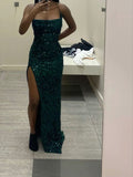 Gorgeous Mermaid Long Dark Green Sequin Prom Dresses with Slit