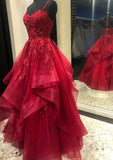 Unique Burgundy Ruffled Prom Dresses, Long Tulle Formal Party Gown