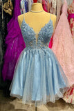 Plunging Neck Sky Blue Straps Appliques Short Party Dress