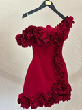 Dark Red Short Cocktail Party Gown 3D Flowers Mini Prom Dresses