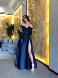 A-Line Navy Blue Long Satin Prom Dress Formal Gown