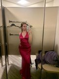 Wine Red Halter Mermaid Satin Long Prom Dress Elegant Formal Dress