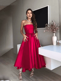 Red Satin Prom Gown Strapless A-Line Simple Formal Occasion Dress