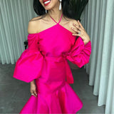 Hot Pink Halter Prom Puff Sleeve Midi Party Dresses Wed Dress Formal Gown