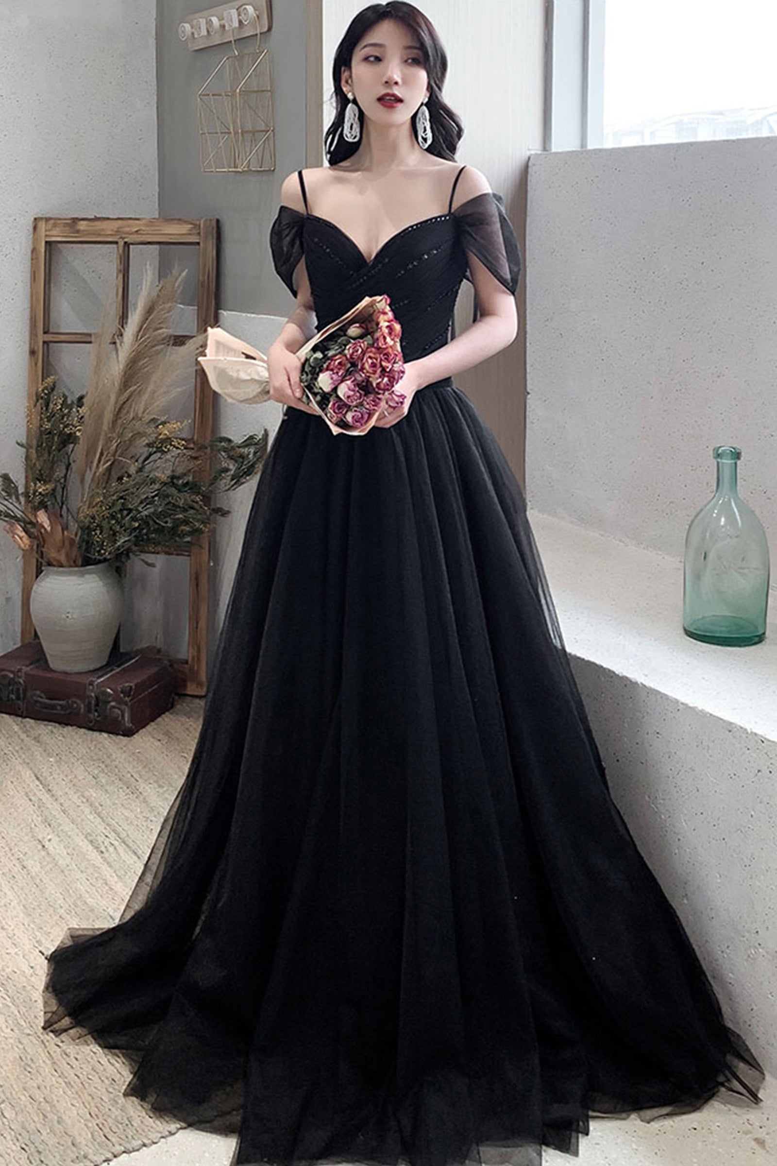 Black Tulle Long A-Line Prom Dress,Off the Shoulder Evening Dresses ...