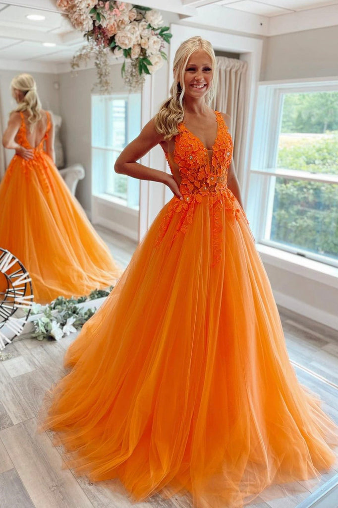 Orange Tulle Lace Long Prom Dresses,A Line Formal Dress – jkprom