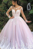 Princess Long Sleeves A-line Pink Wedding Dress with Lace