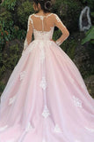 Princess Long Sleeves A-line Pink Wedding Dress with Lace