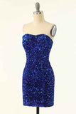 Royal Blue Sequin Strapless Black Mini Homecoming Dress