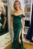 Hunter Green Off-the-Shoulder Ruched Mermaid Long Formal Dress with Slit