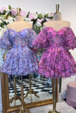 Lavender & Fuchsia Off-the-Shoulder Ruffles Homecoming Dress