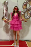 Pink Ruffled Layers Plunging V Neck Homecoming Dress Short Grad Dresses