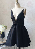 A-line Plunge V Back Black Taffeta Short Mini Homecoming Dress