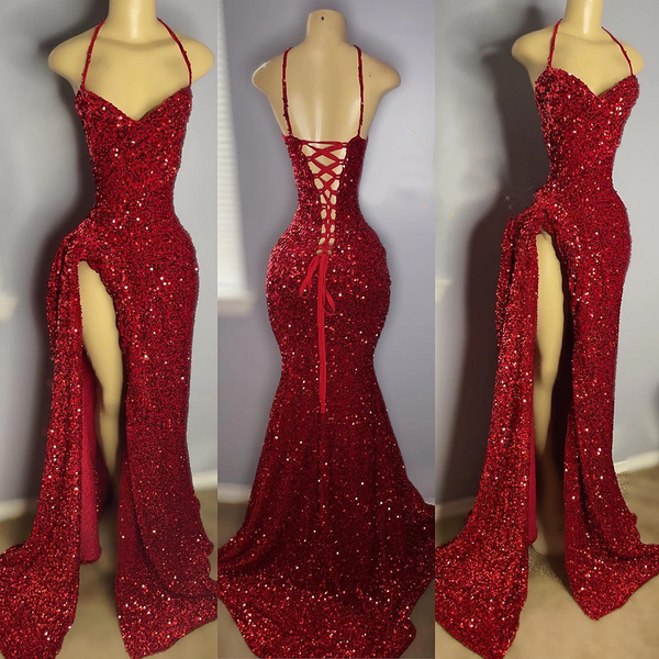 Sexy High Slit Sparkly Red Sequined Long Prom Dresses for Black Girls ...