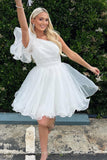 White One Shoulder Ruffle Organza Homecoming Dress Short