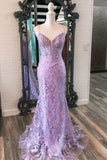 Lavender Floral Appliques Deep V Neck Mermaid Long Prom Dresses Gala Dress Formal