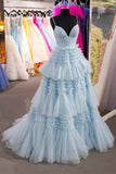 Elegant Light Blue Slit Tulle Long Prom Dress,Ruffled Formal Dresses