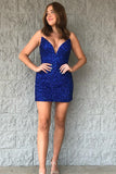 Royal Blue Sequins V Neck Short Homecoming Dresses