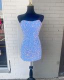 Royal Blue Sequin Strapless Black Mini Homecoming Dress