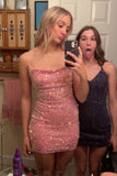 Pink Cowl Neck Sheath Sequins Mini Homecoming Dress Hoco Dresses Tight