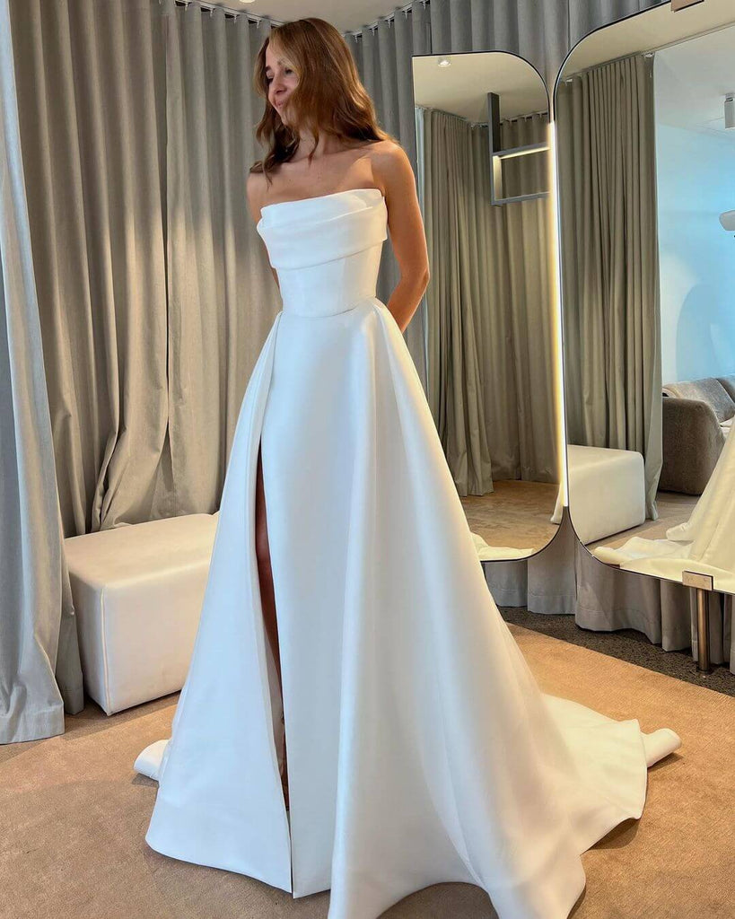 Beach White Satin Wedding Dresses Simple,Split Ivory Bridal Gowns – jkprom