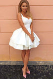 Excellent V-neck Satin Short Ball Gown White Homecoming Dresses