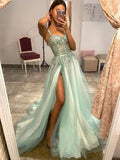 Green sweetheart tulle lace long prom dress, sexy side slit green evening dress