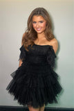 Black Multi-Layers Tulle Short Homecoming Dress with Feather