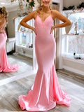 Simple pink satin mermaid long prom dress, pink evening dress