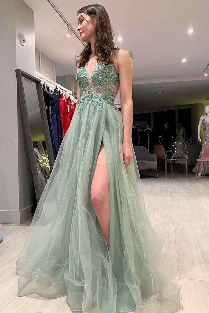 Sage Green Tulle Floral Lace A-Line Prom Dress with Slit – jkprom