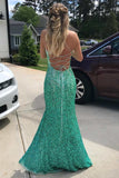 Turquoise Sequin Lace-Up Back Mermaid Long Formal Dress with Slit