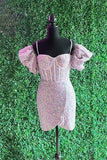 Light Pink Puff Sleeves Sequins Sheath Homecoming Dress Cocktail