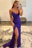 Mermaid Purple Sequin Long Prom Dress with Slit,Trumpet Formal Dresses