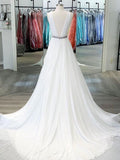 White v neck chiffon long prom dress, white lace evening dress