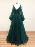 Green V Neck Lace A line Long Prom Dress,Tulle Evening Dresses Long Sleeve