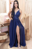 A Line V Neck Blue Lace Long Prom Dress, High Slit Blue Lace Formal Graduation Evening Dress